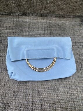 Nordstrom Light Blue Suede Clutch with Gold Ring Handle